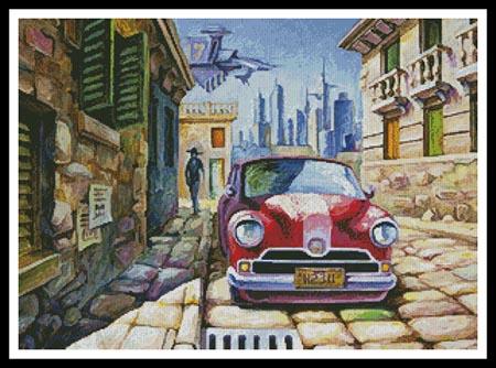 click here to view larger image of Old Red Car in a Sunny Street (chart)