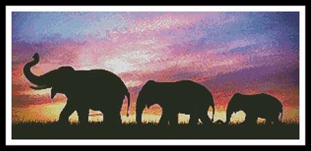 Silhouettes of Elephants Against Sunset