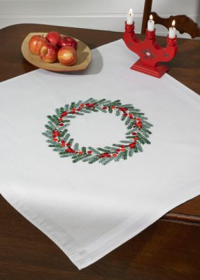 click here to view larger image of Christmas Wreath Table Cloth (stamped cross stitch kit)