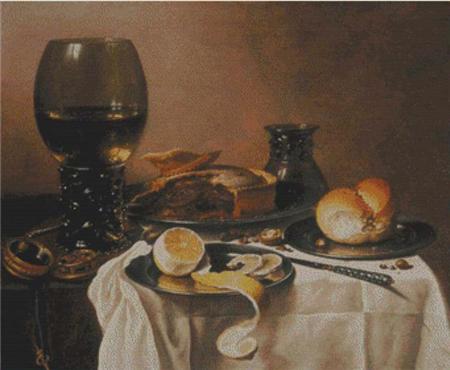 Breakfast Still Life with Roemer, Meat Pie, Lemon, and Bread