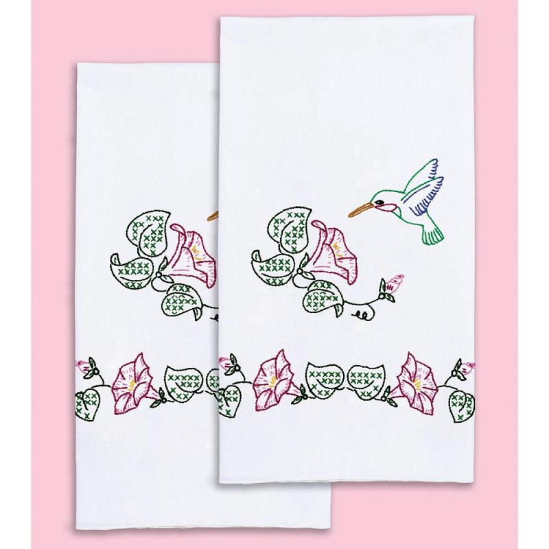 Hummingbird Stamped White Decorative Hand Towel