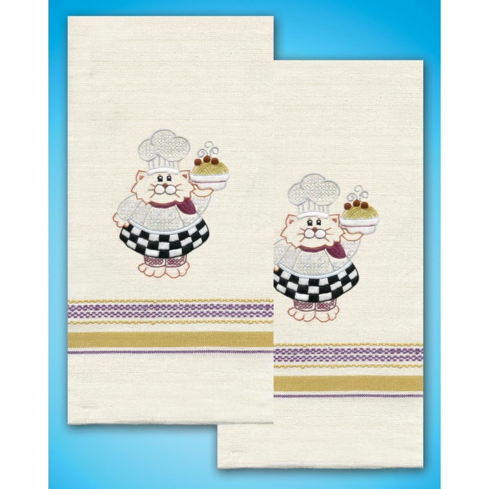 click here to view larger image of Cat Chef Stamped Kitchen Towels (stamped cross stitch)
