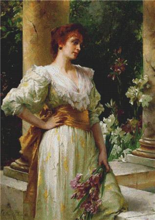Woman in White Holding Irises  (Conrad Kiesel)