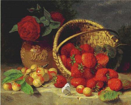 A Basket of Strawberries, Cherries, a Butterfly and a Red Rose in a Vase on a Stone Ledge