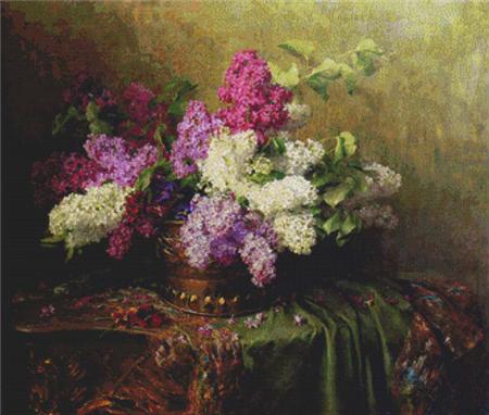 A Still Life With Lilacs and Violets on a Draped Guilt Rococo Table
