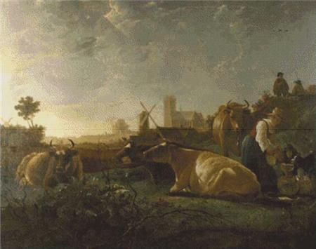 A Distant View of Dordrecht, with a Milkmaid and Four Cows