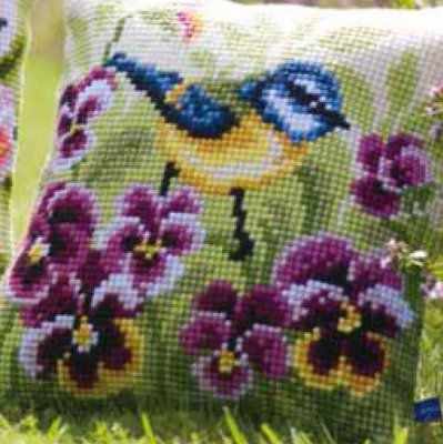 click here to view larger image of Blue Tit on Pansies Cushion (counted canvas kit)