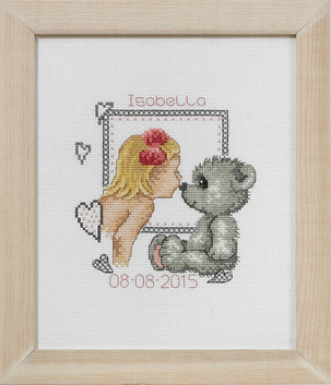 click here to view larger image of Girl and Teddy Birth Announcement (counted cross stitch kit)