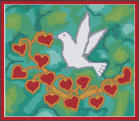 Birds and Hearts on Green Silk
