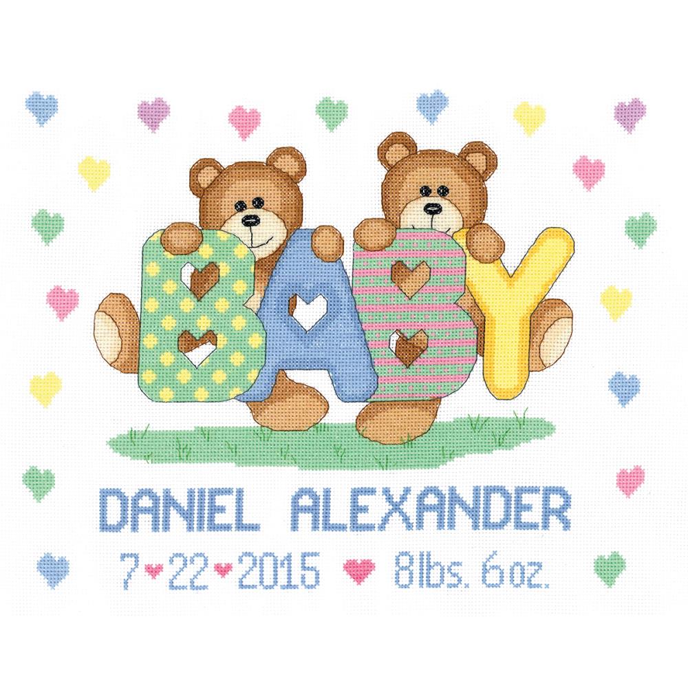 click here to view larger image of Teddy Baby Sampler Birth Announcement (counted cross stitch kit)