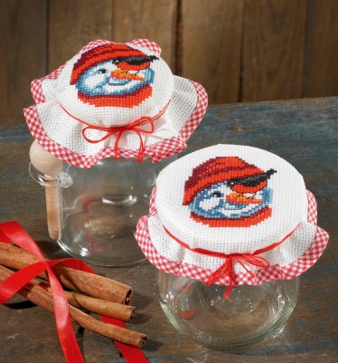 click here to view larger image of Snowman Jam Lid (counted cross stitch kit)