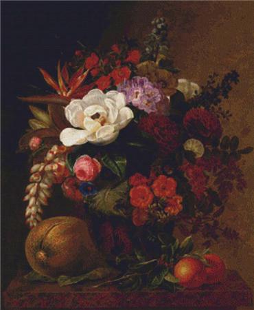 Exotic Blooms in a Grecian Urn with Fruit on a Marble Ledge