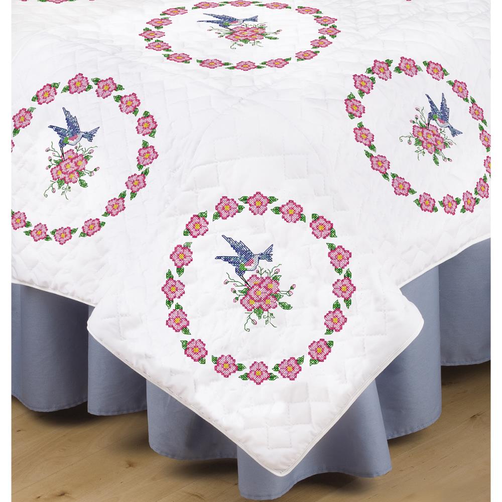 Hummingbird Stamped White Quilt Block - 18in x 18in