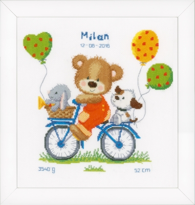 click here to view larger image of Cycling Bear Birth Announcement (counted cross stitch kit)
