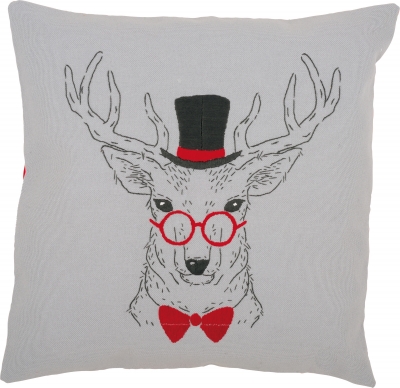 click here to view larger image of Deer With Red Glasses and Bowtie Cushion (counted cross stitch kit)