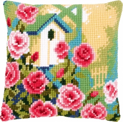 Birdhouses and Roses Cushion