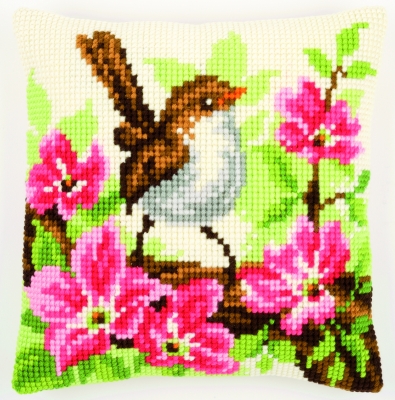 Bird and Pink Flowers Cushion