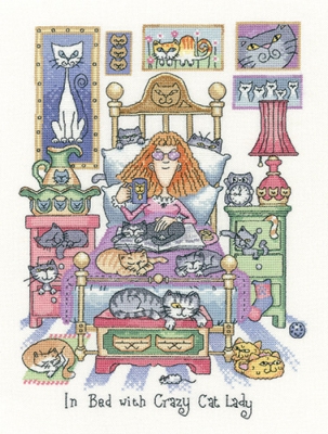 click here to view larger image of In Bed With Crazy Cat Lady - Cats Rule (28ct) (counted cross stitch kit)