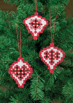 Three Christmas Hardanger Ornaments - White with Red