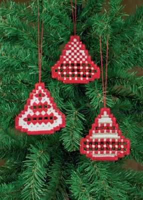 Three Christmas Bell Hardanger Ornaments - White with Red