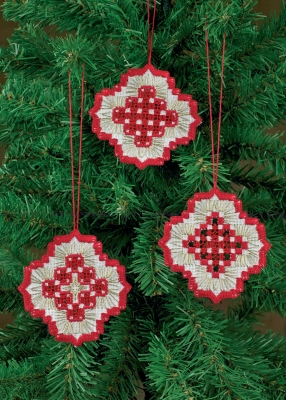Three Christmas Hardanger Ornaments - White with Red