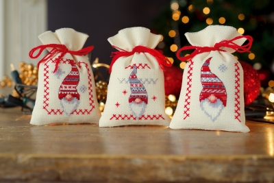 click here to view larger image of Christmas Gnomes Bags (Set of 3) (counted cross stitch kit)