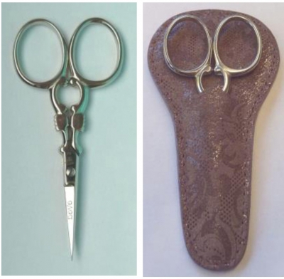 3-1/2in Nickel Plated Carbon Steel Embroidery Scissors with Lavender Embossed Leather Sheath