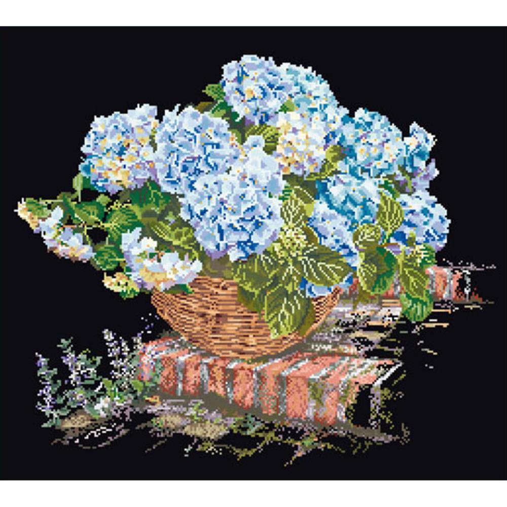 Blue Hydrangea In Basket -18CT  Black Aida