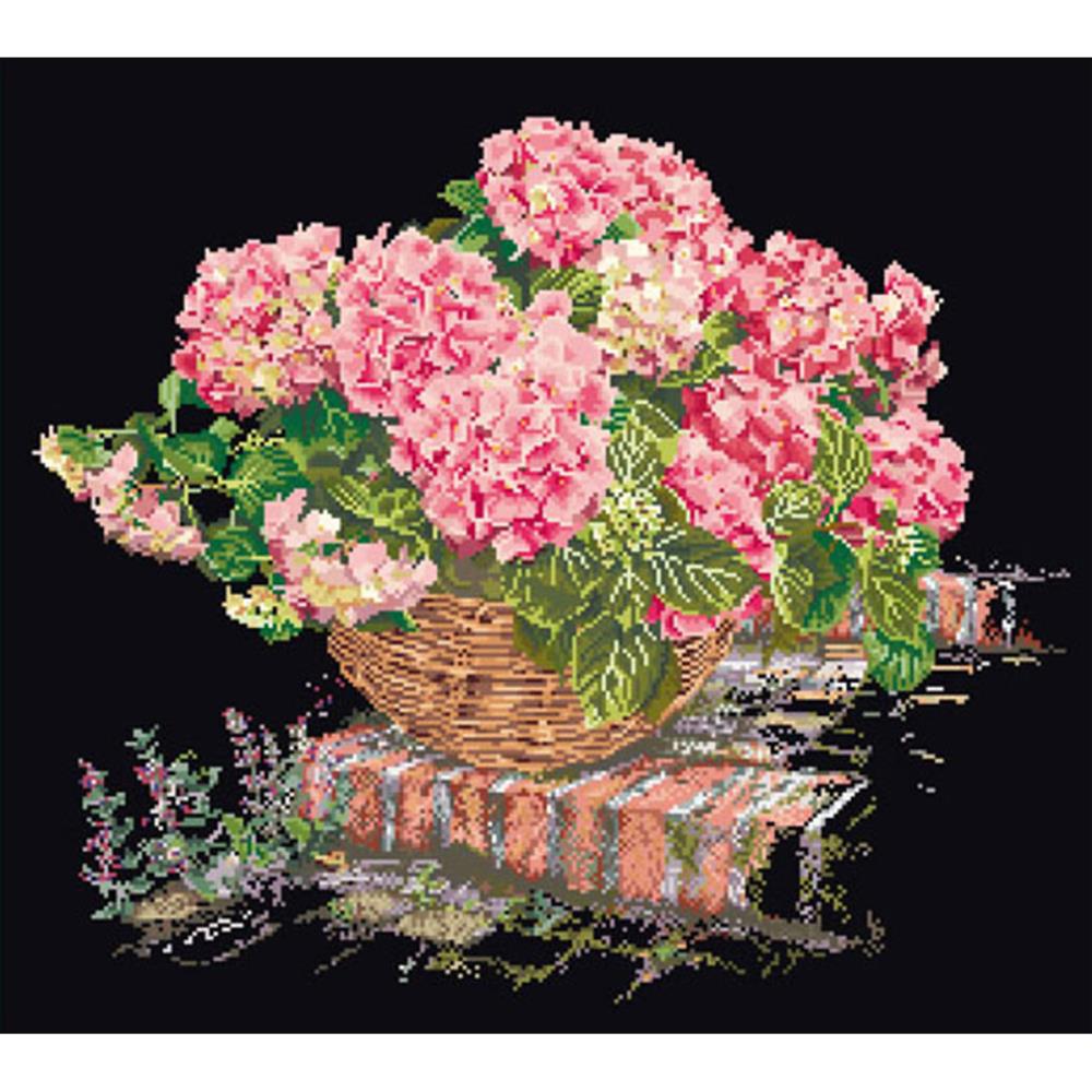 Pink Hydrangea In A Basket - On Black