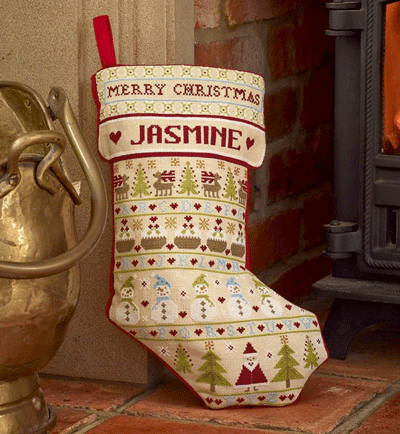 click here to view larger image of Snowman Christmas Stocking (Kit) - 32ct Linen (counted cross stitch kit)