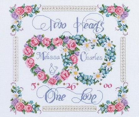 click here to view larger image of Two Hearts, One Love (counted cross stitch kit)