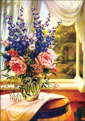 click here to view larger image of Floral Vase By The Window (stamped cross stitch kit)