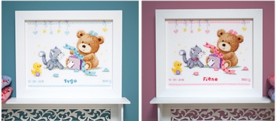 click here to view larger image of Bear & Present - Birth Announcement (counted cross stitch kit)