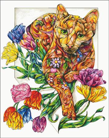 Spring Cat with Tulips
