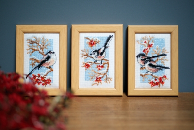 click here to view larger image of Miniature Long-tailed Tits & Red Berries (set of 3) (counted cross stitch kit)