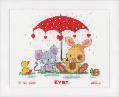 click here to view larger image of Under the Umbrella - Birth Announcement (counted cross stitch kit)