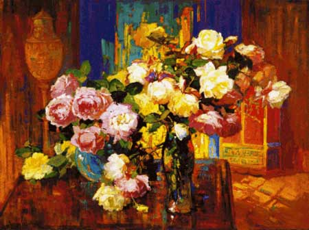 Roses in a Tall Glass Vase - Franz Bischoff