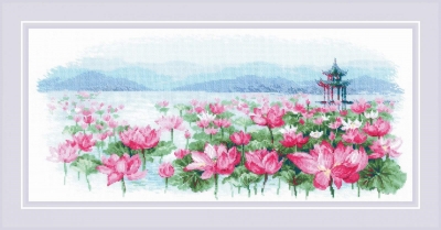 click here to view larger image of Lotus Field - Pagoda on the Water (counted cross stitch kit)