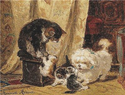 Terrier Playing With Kittens, A 