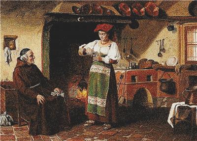 Kitchen Interior with an Italian Lady Serving Wine to a Monk
