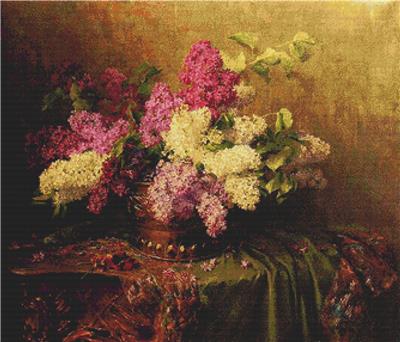 Still Life With Lilacs and Violets on a Draped Guilt Rococo Table