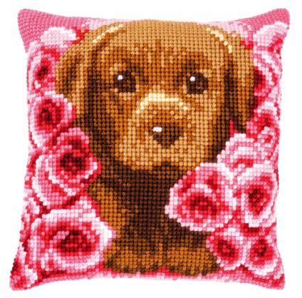 Puppy Between Roses Cushion