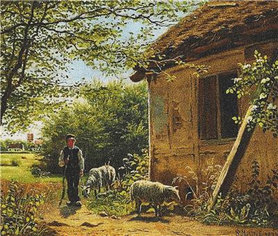 Thatched Cottage with a Boy and Two Sheep in Front, A