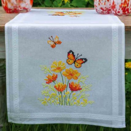 click here to view larger image of Orange Flowers Butterfly Table Runner (counted cross stitch kit)