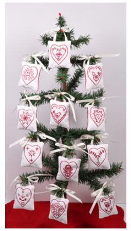 Redwork Hearts - 12 Mini Ornaments