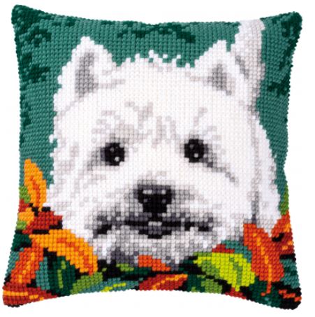 click here to view larger image of Westie Between Leaves - Cushion (needlepoint)