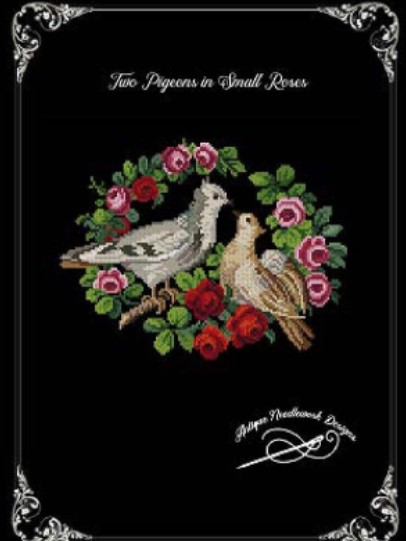 Two Pigeons in Small Roses - A