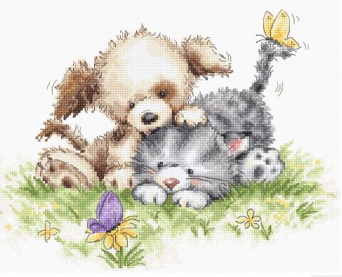 click here to view larger image of Dog and Cat with Butterfly (counted cross stitch kit)