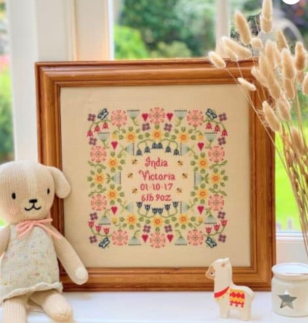 click here to view larger image of Flower Birth Sampler Kit - 32ct Linen (counted cross stitch kit)
