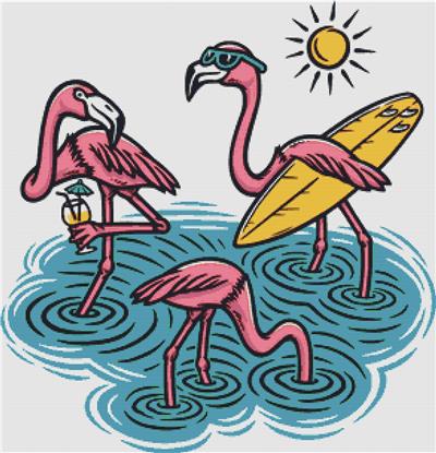Three Cute Flamingos on the Beach